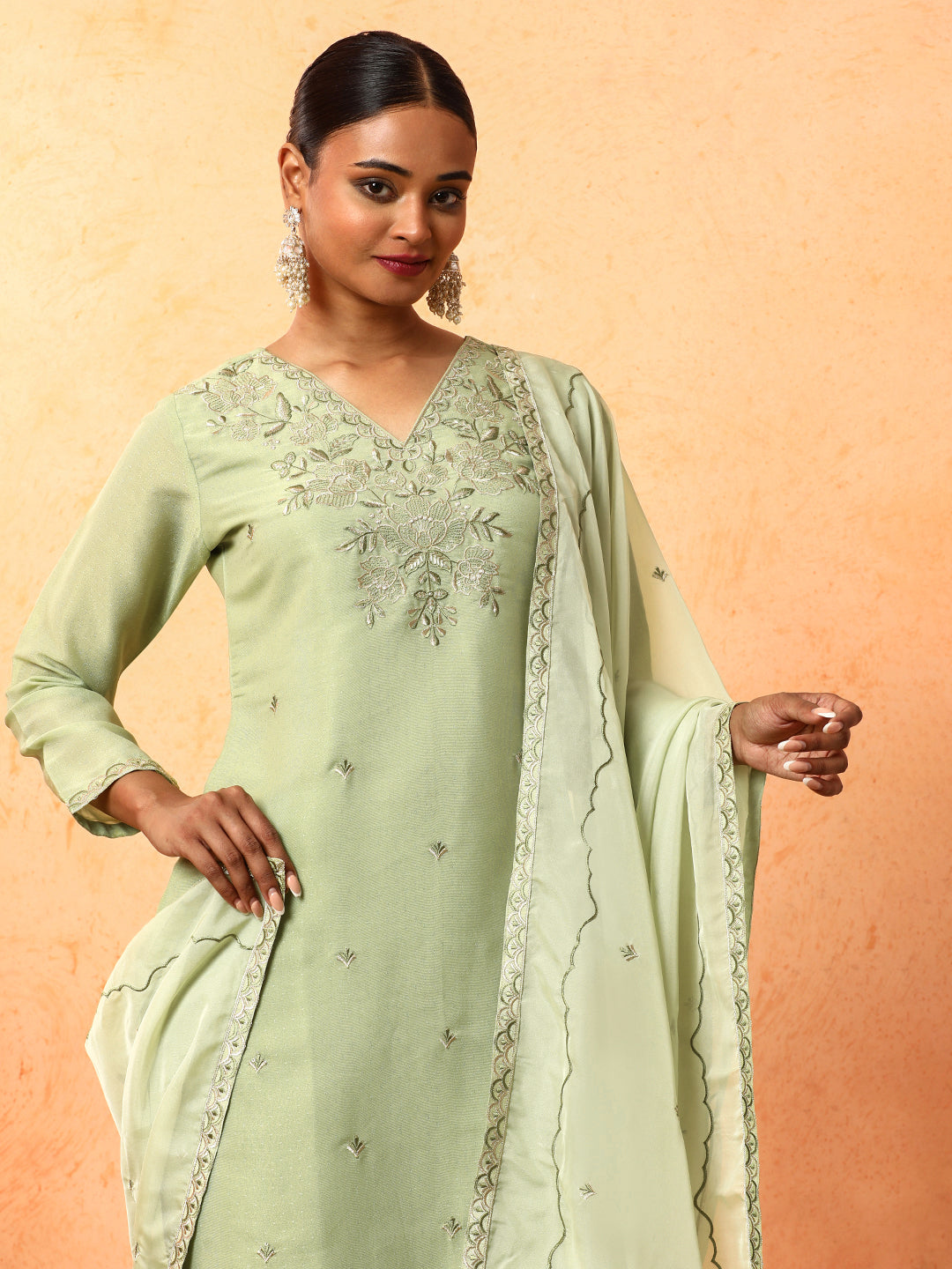 Floral Embroidered A-Line Organza Kurta & Trousers Sets