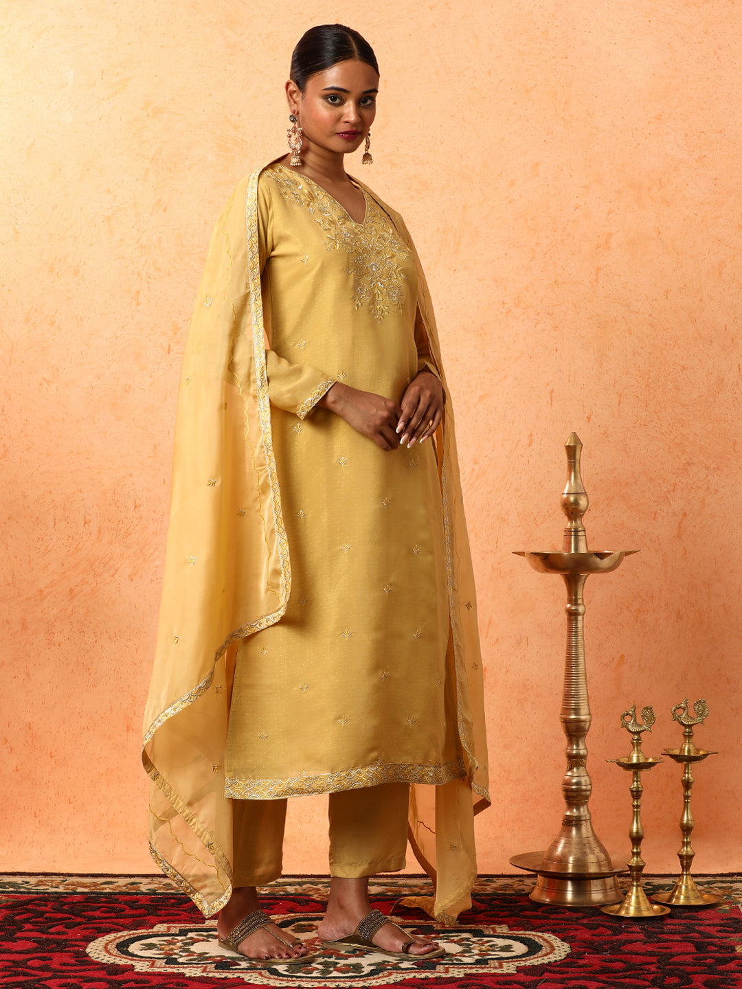 Floral Embroidered A-Line Organza Kurta & Trousers Sets