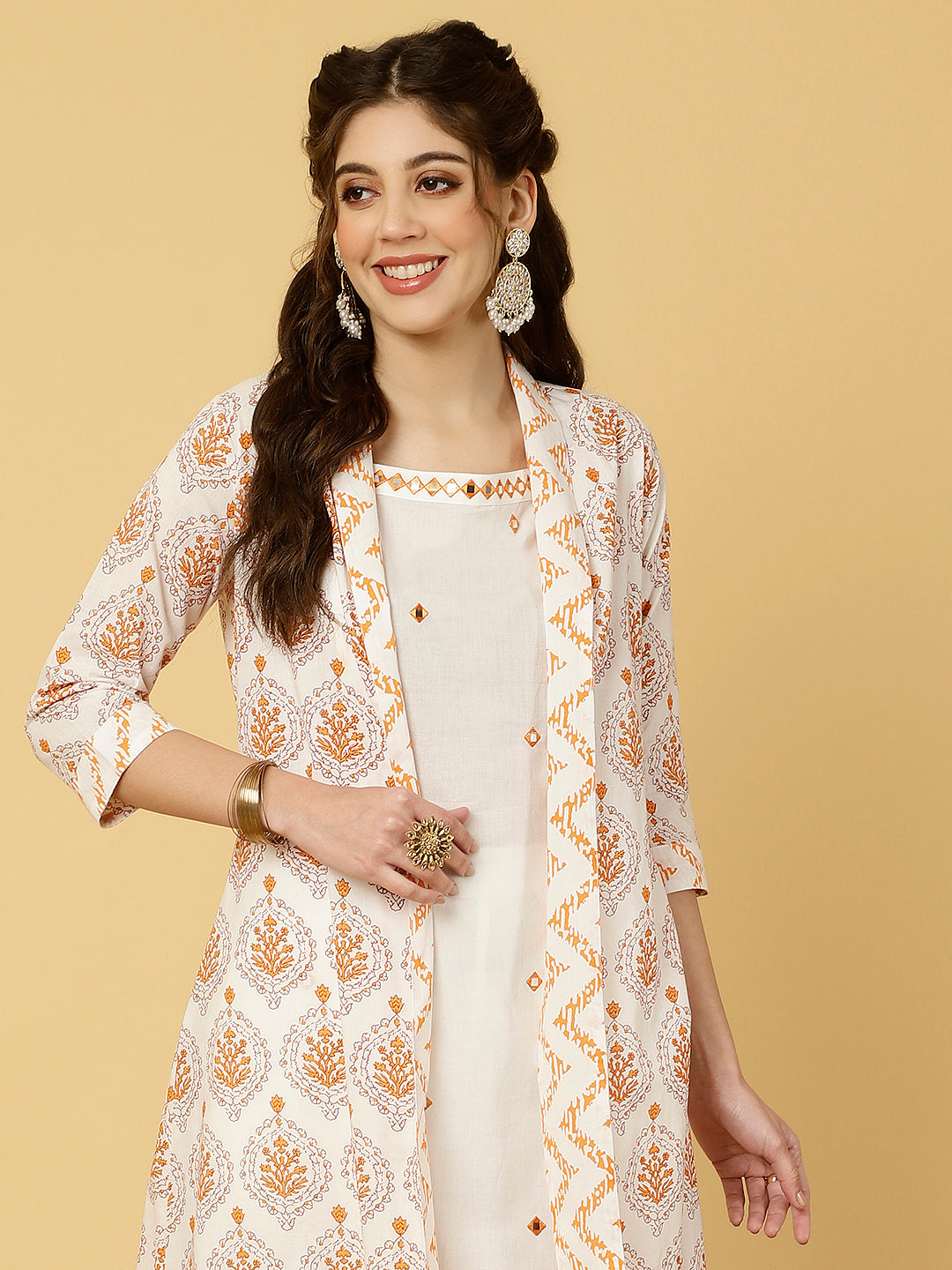 White & Orange Mirrorwork Kurta With Palazzo And Printed Shrug