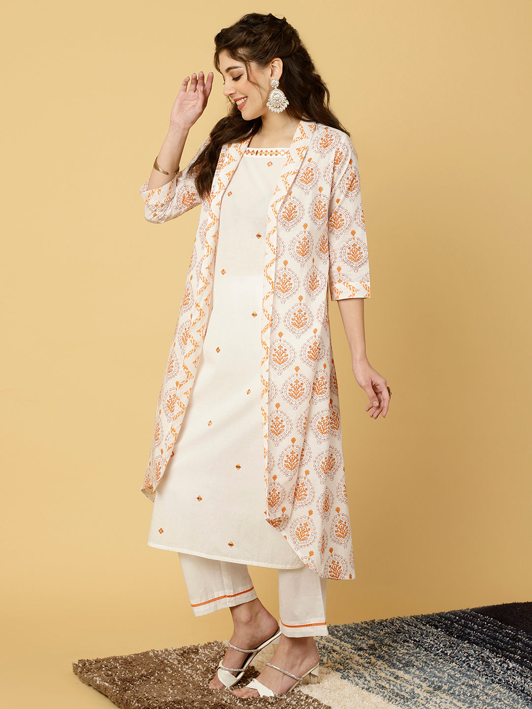 White & Orange Mirrorwork Kurta With Palazzo And Printed Shrug