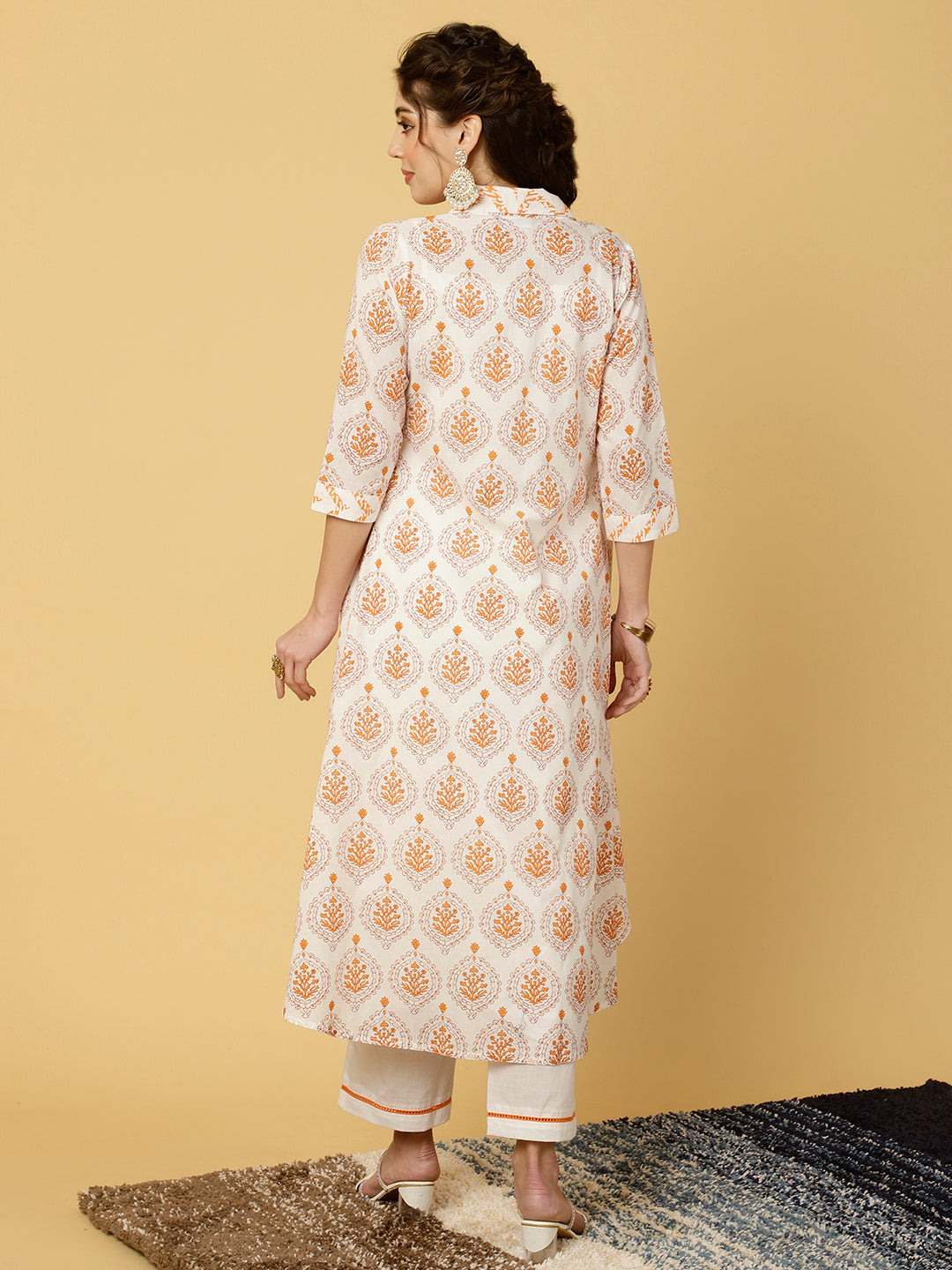White & Orange Mirrorwork Kurta With Palazzo And Printed Shrug