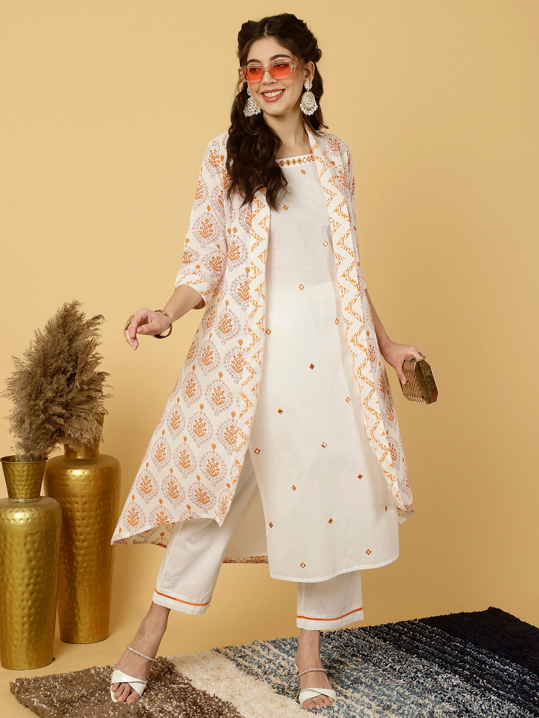 White & Orange Mirrorwork Kurta With Palazzo And Printed Shrug