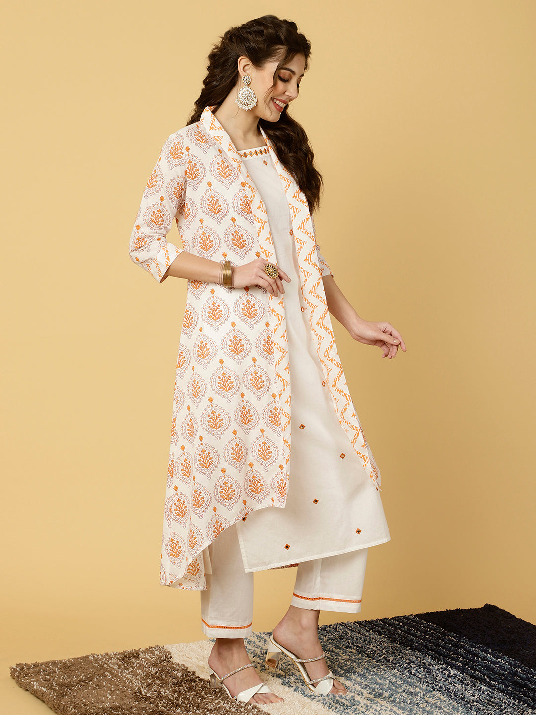 White & Orange Mirrorwork Kurta With Palazzo And Printed Shrug