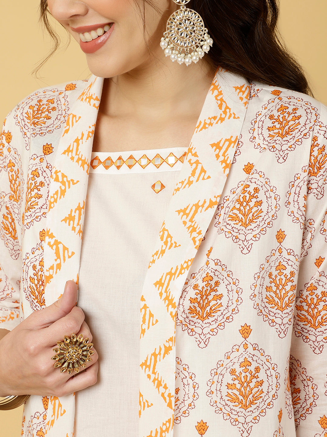 White & Orange Mirrorwork Kurta With Palazzo And Printed Shrug