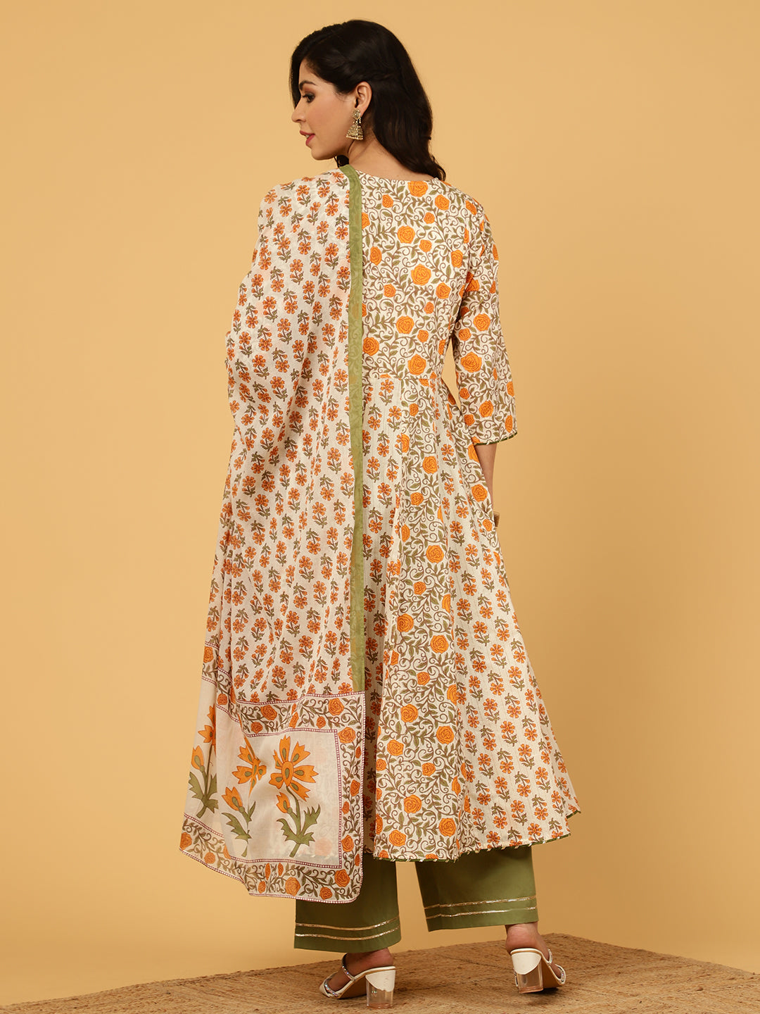 Mughal Motif Cotton Anarkali Kurta With Palazzo And Printed Dupatta