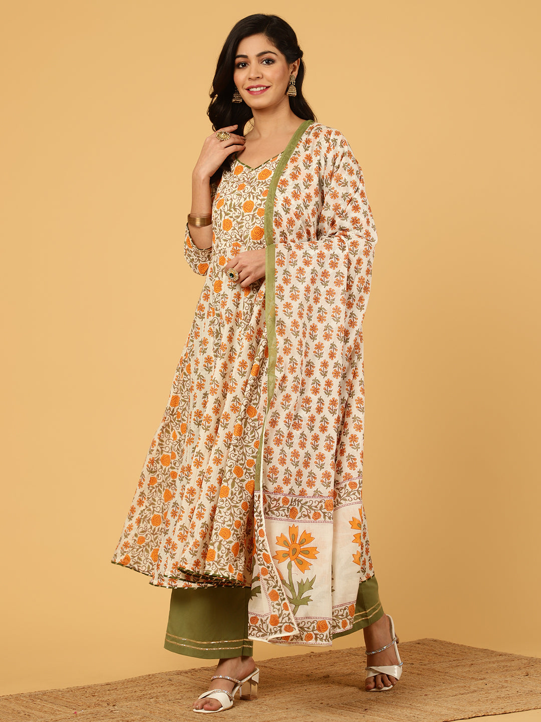 Mughal Motif Cotton Anarkali Kurta With Palazzo And Printed Dupatta