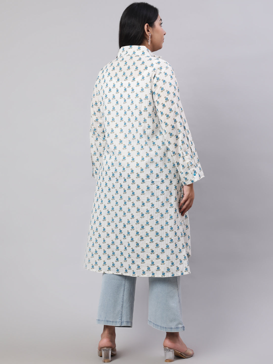 Plus Size Turquoise Blue Ethnic Printed Cotton Lurex Kurta