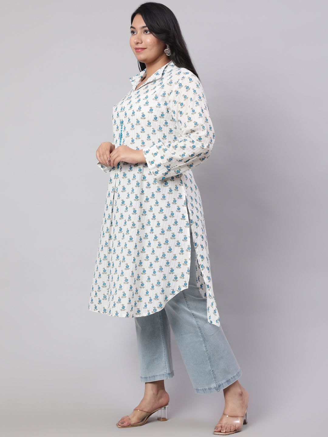 Plus Size Turquoise Blue Ethnic Printed Cotton Lurex Kurta