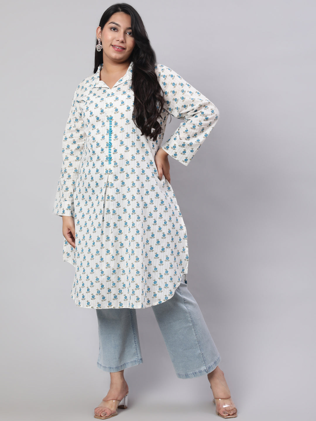 Plus Size Turquoise Blue Ethnic Printed Cotton Lurex Kurta