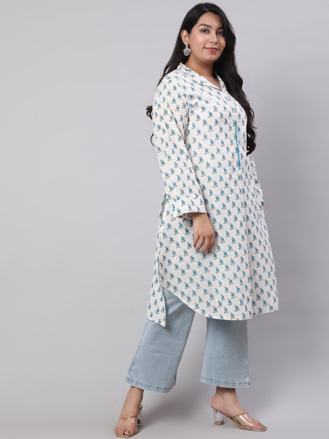 Plus Size Turquoise Blue Ethnic Printed Cotton Lurex Kurta