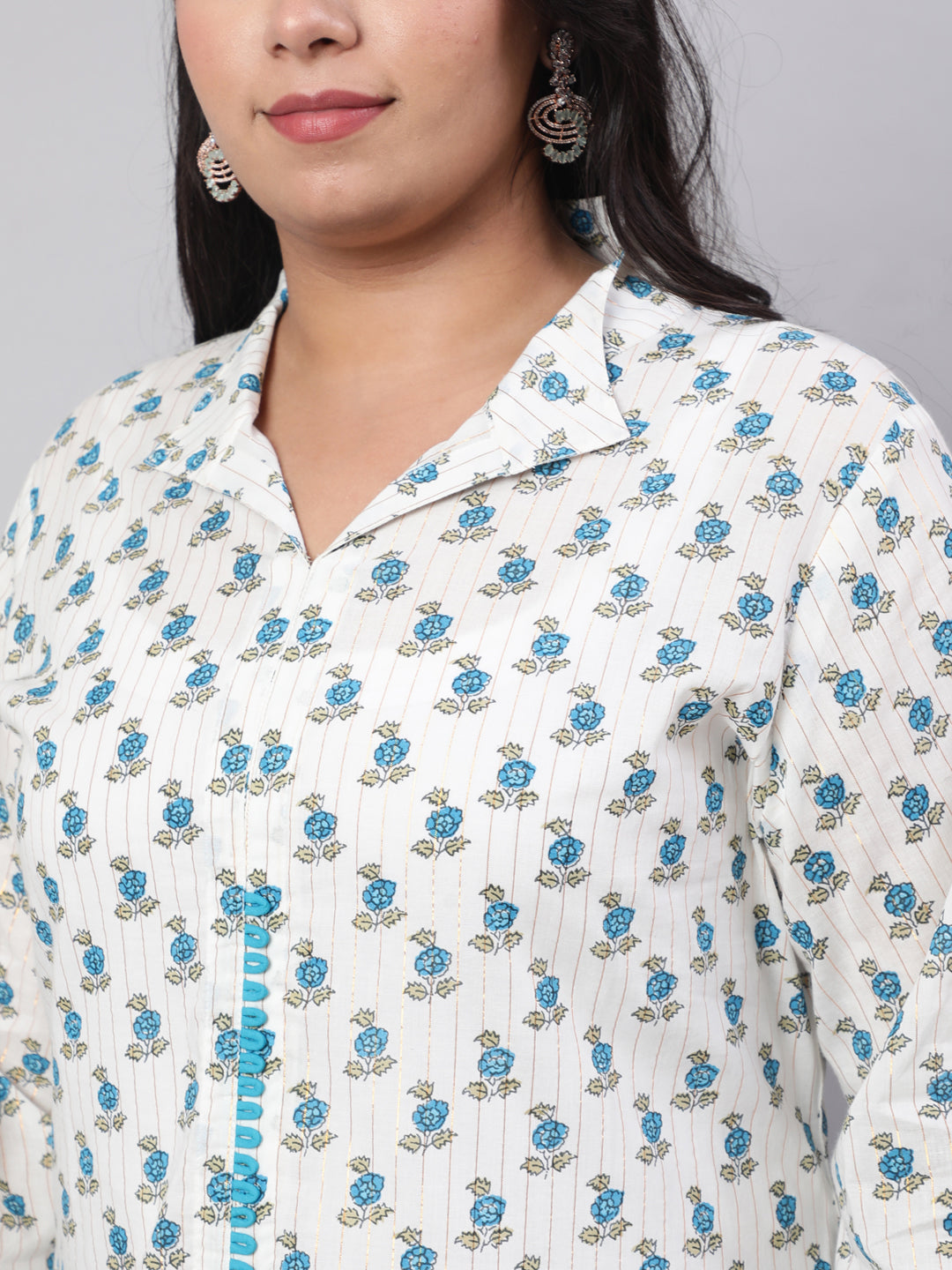 Plus Size Turquoise Blue Ethnic Printed Cotton Lurex Kurta