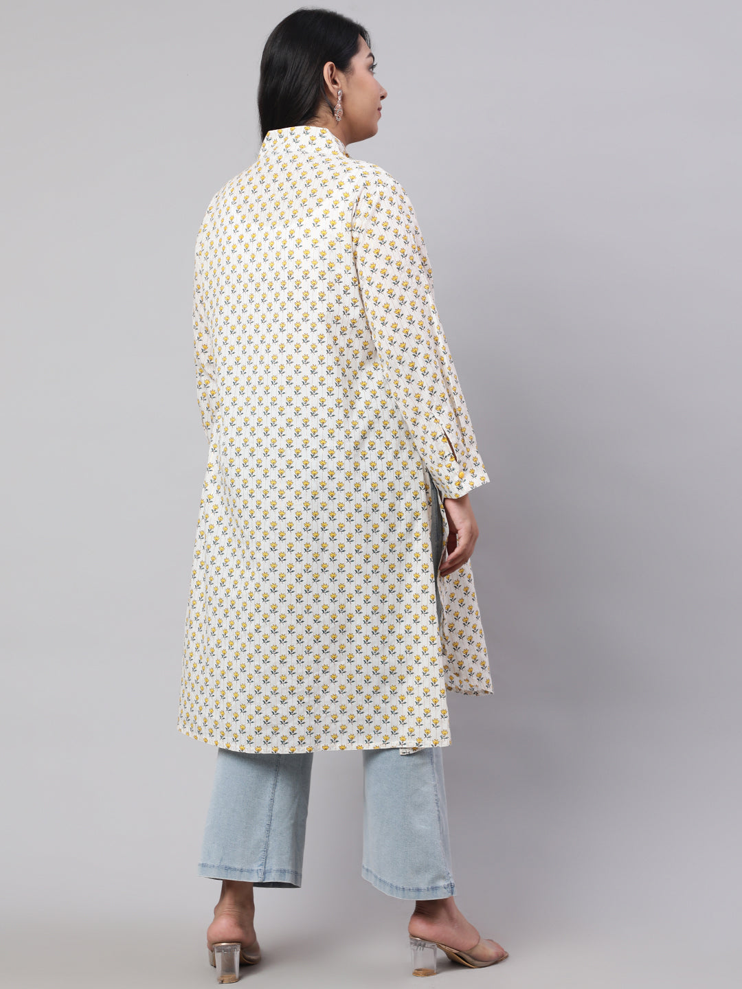 Plus Size Yellow Ethnic Printed Cotton Lurex Kurta