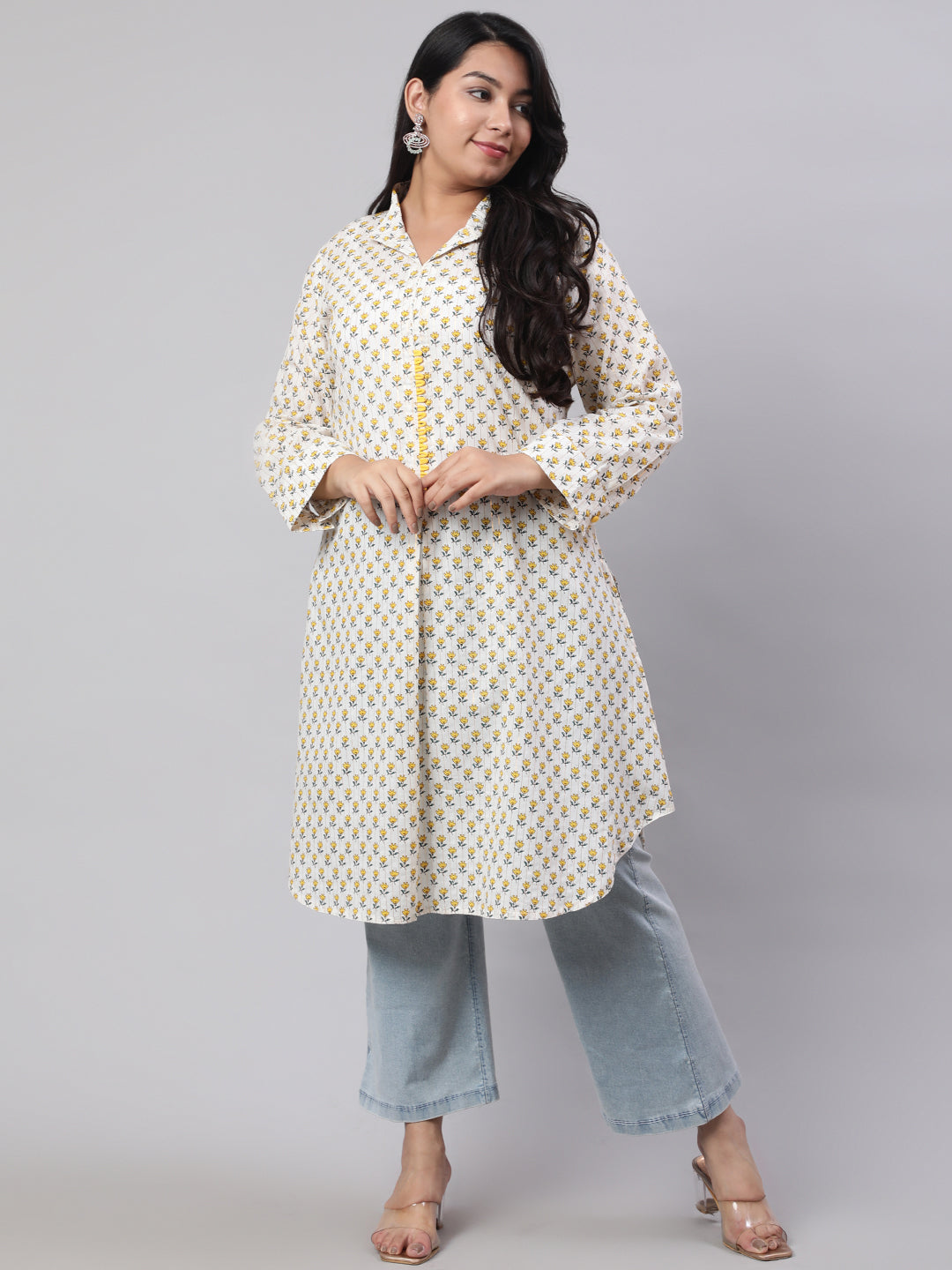 Plus Size Yellow Ethnic Printed Cotton Lurex Kurta