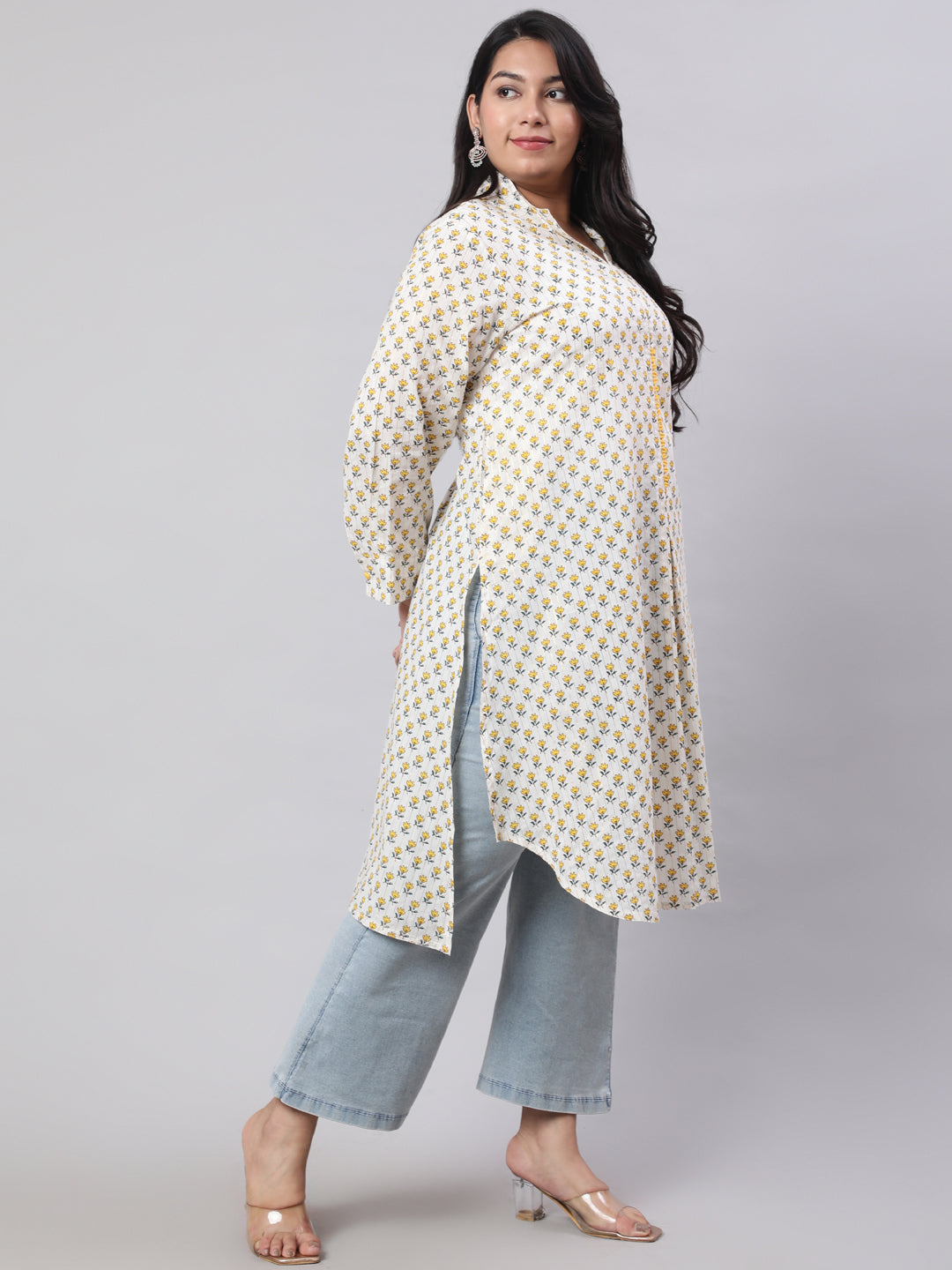 Plus Size Yellow Ethnic Printed Cotton Lurex Kurta