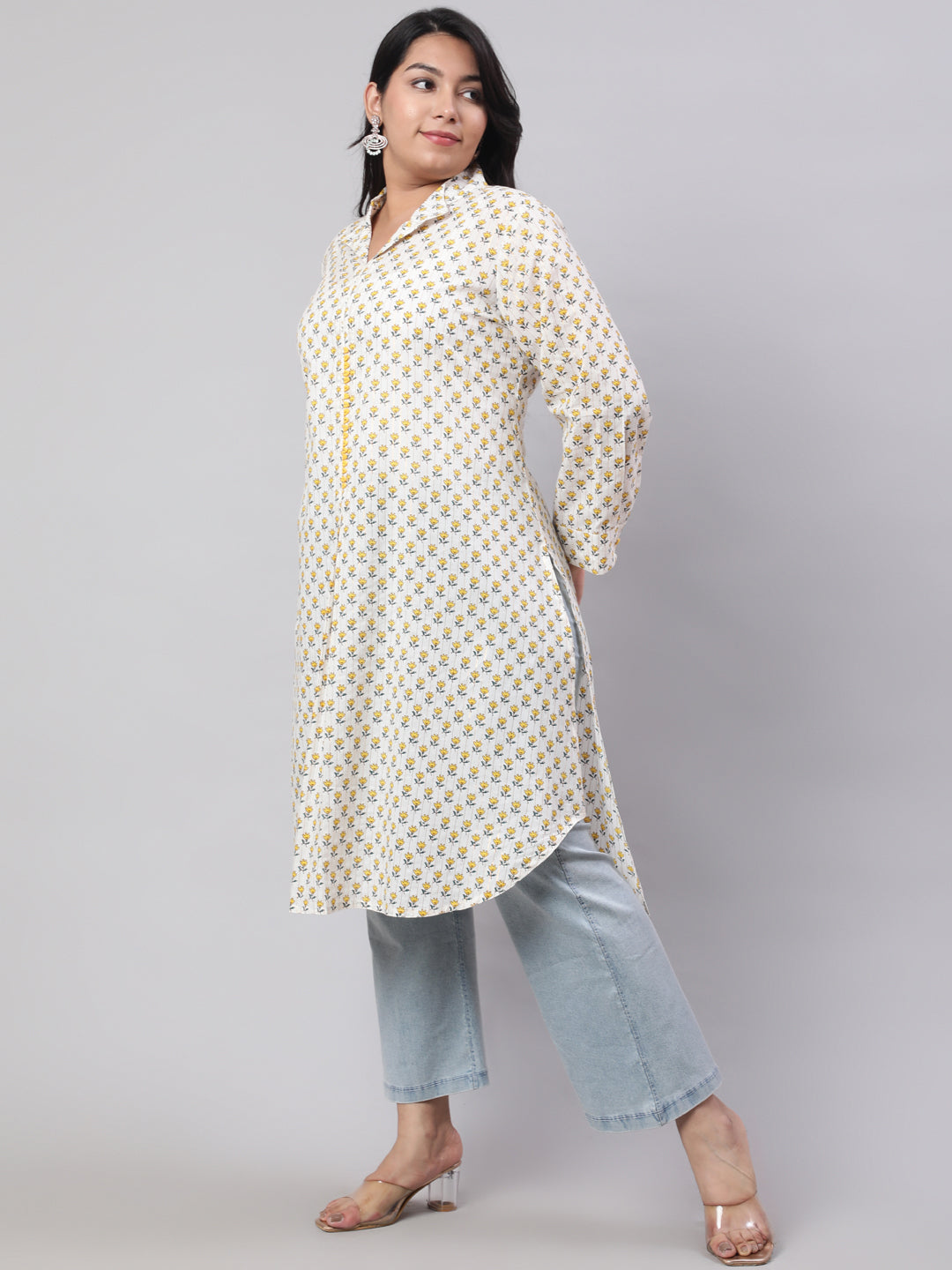 Plus Size Yellow Ethnic Printed Cotton Lurex Kurta