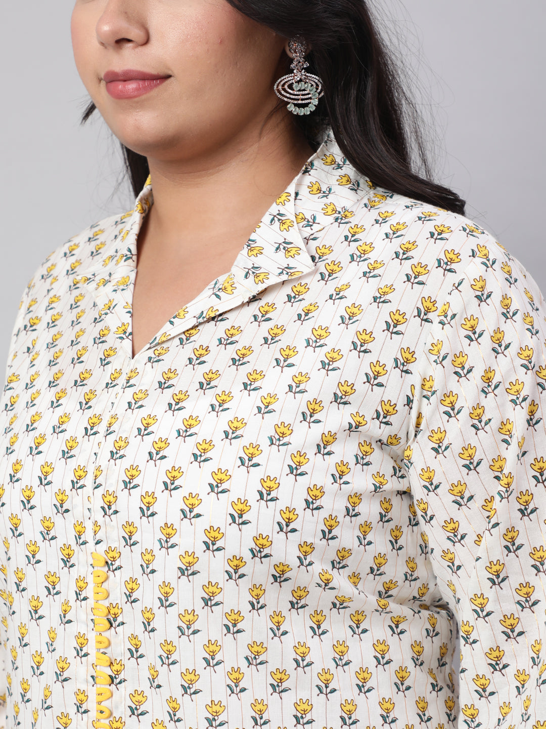 Plus Size Yellow Ethnic Printed Cotton Lurex Kurta