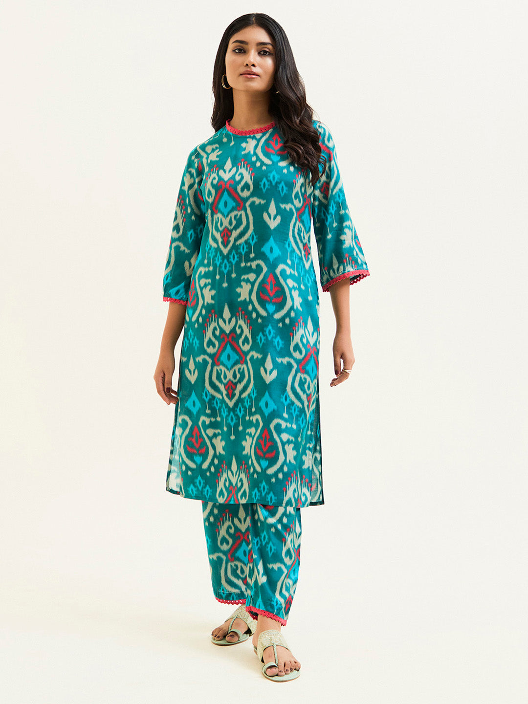 Teal Ikat Printed Kurta With Palazzo