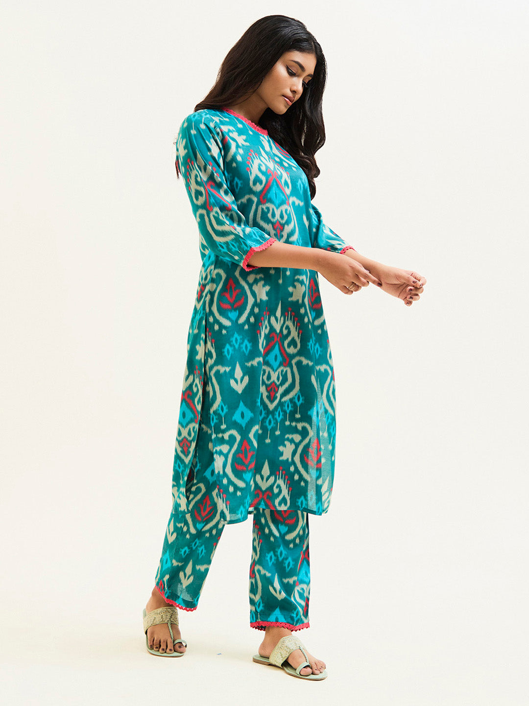 Teal Ikat Printed Kurta With Palazzo