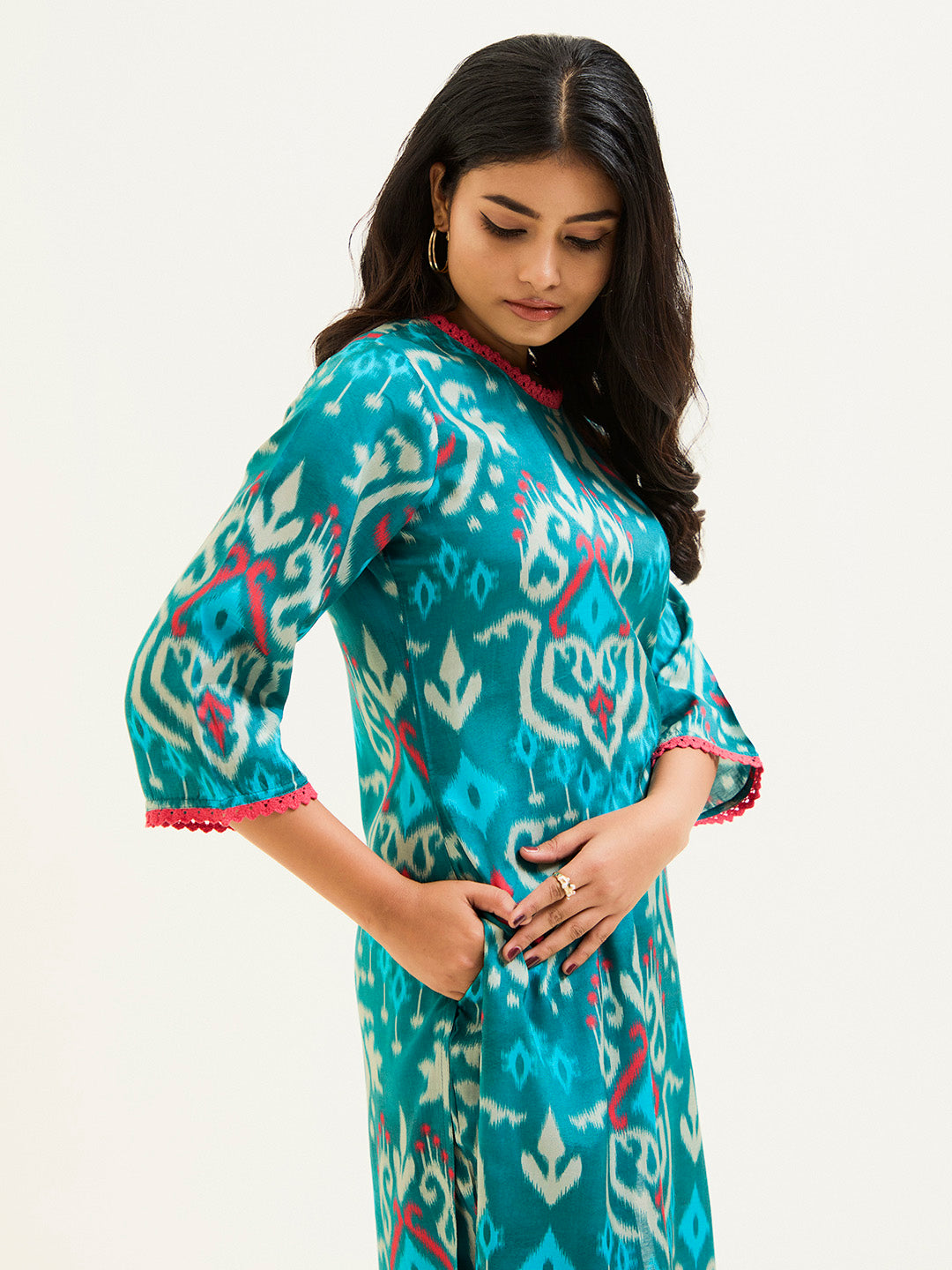 Teal Ikat Printed Kurta With Palazzo