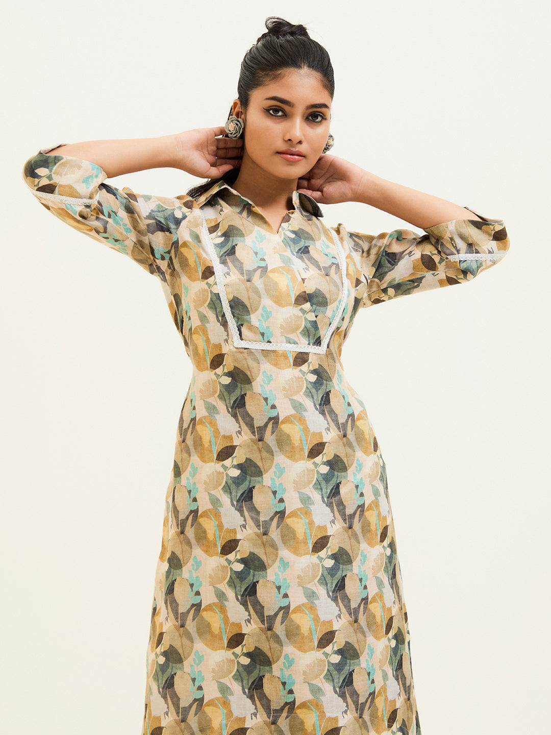 Olive Green Abstract Printed Asymmetrical Kurta Set