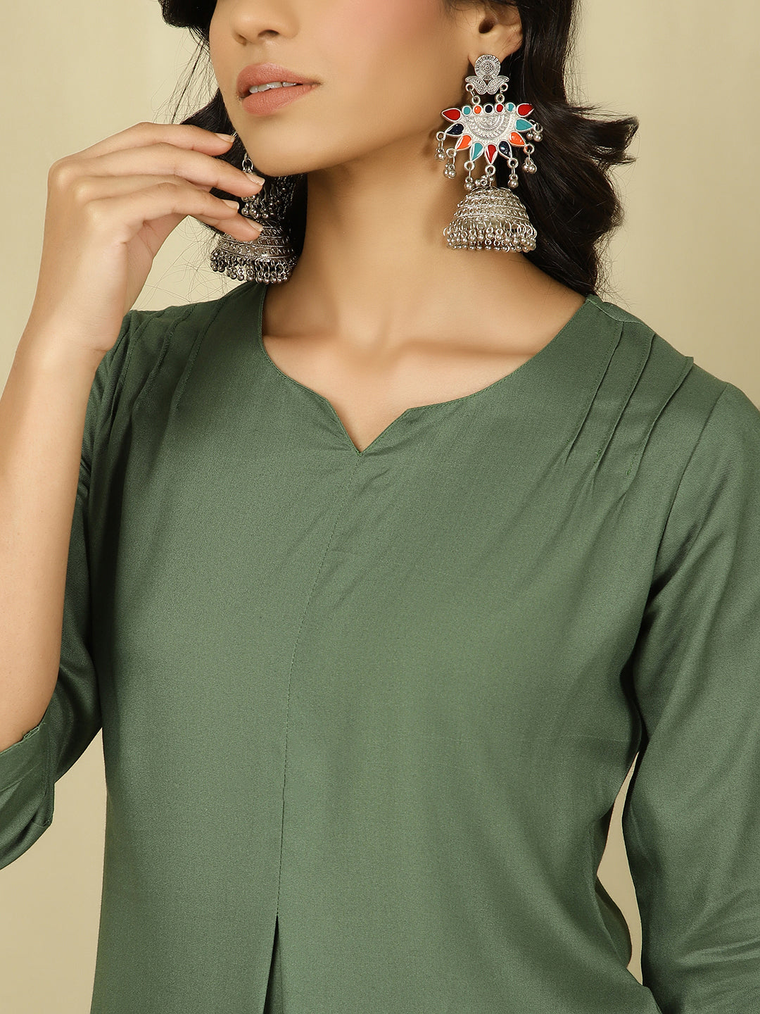 Olive Green Pleated Straight Kurta With Pants