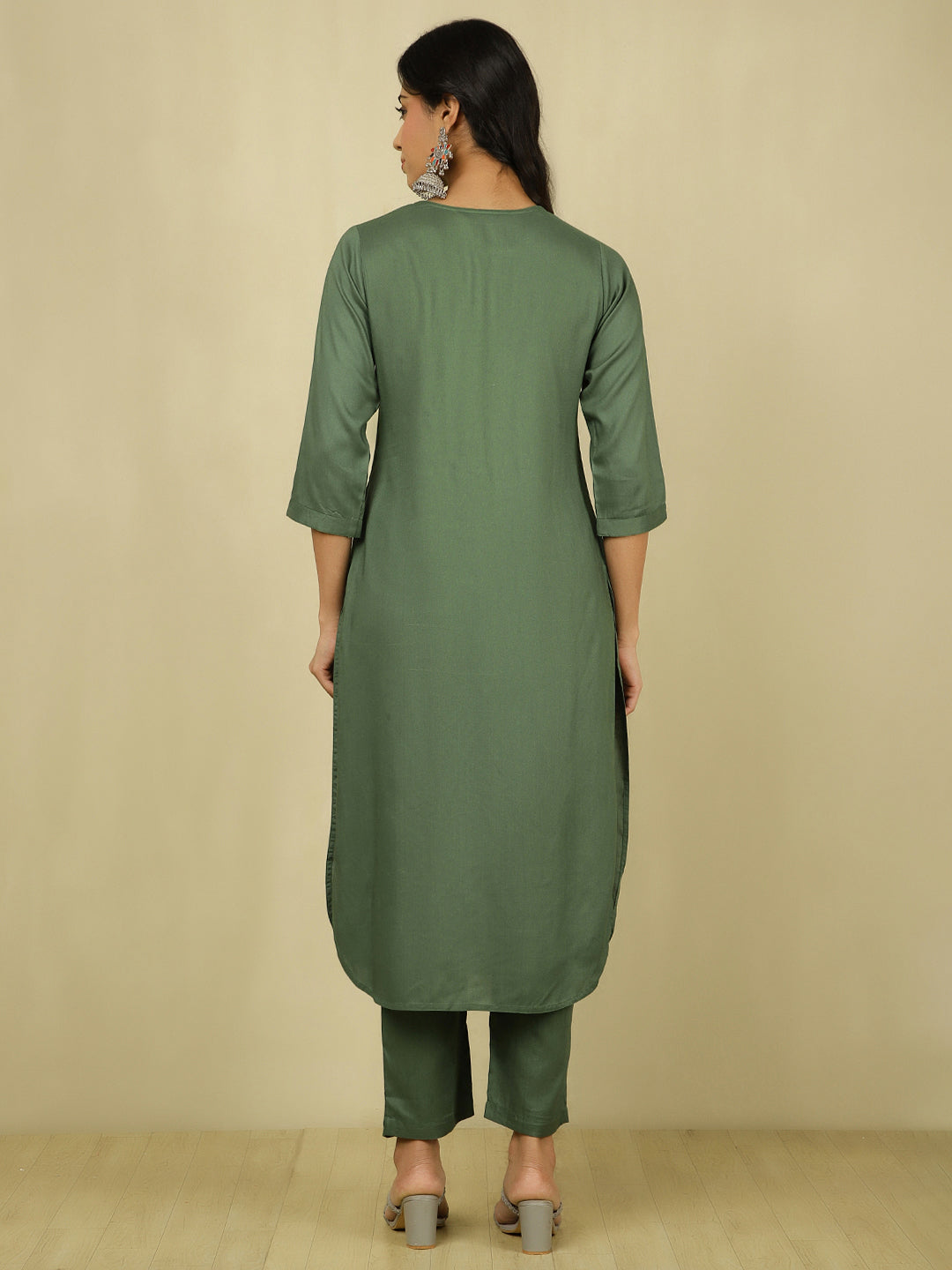 Olive Green Pleated Straight Kurta With Pants