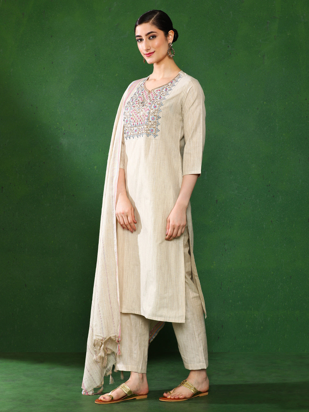Beige Mirror Work Embroidered Festive Suit Set