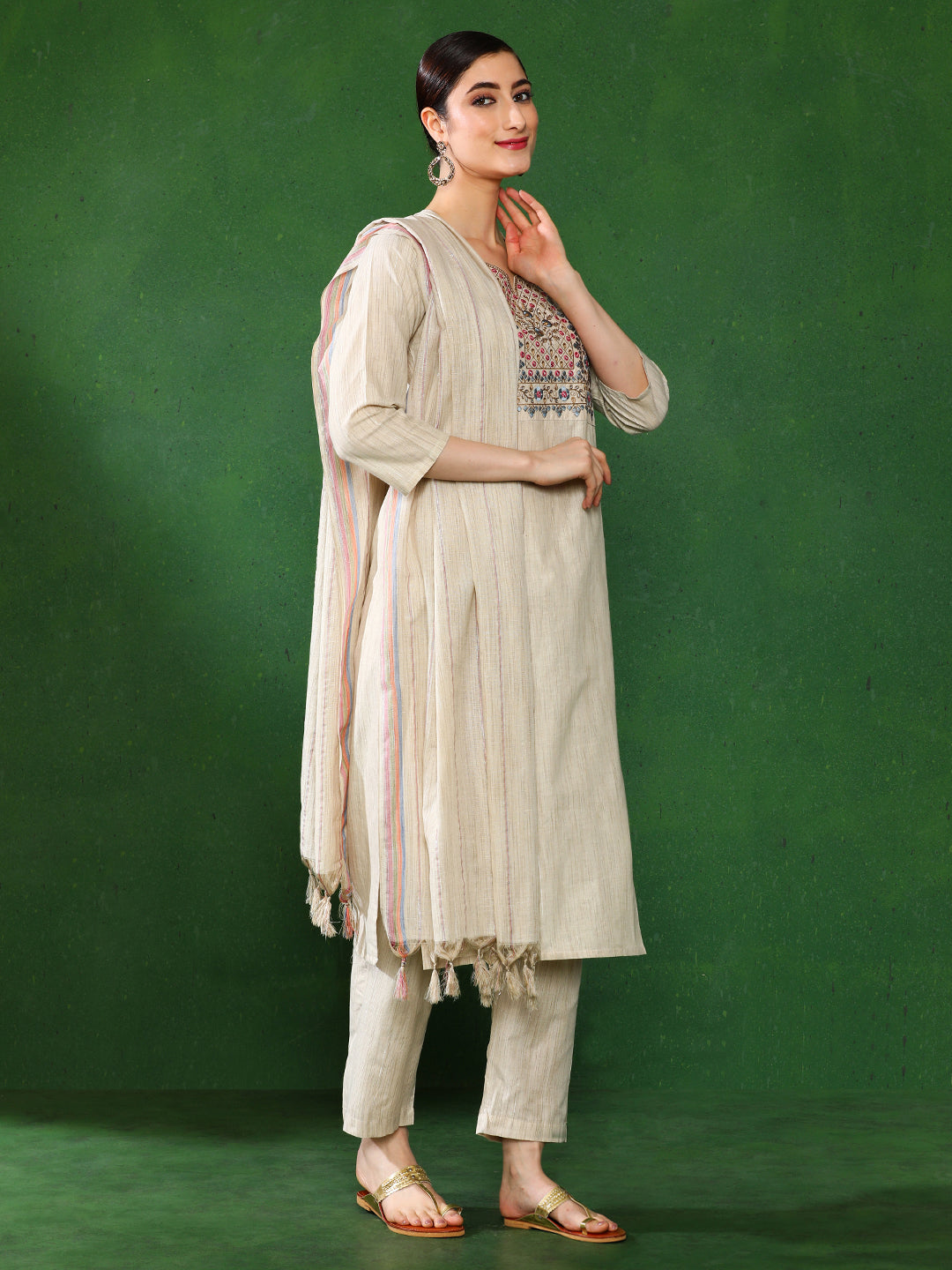Beige Mirror Work Embroidered Festive Suit Set