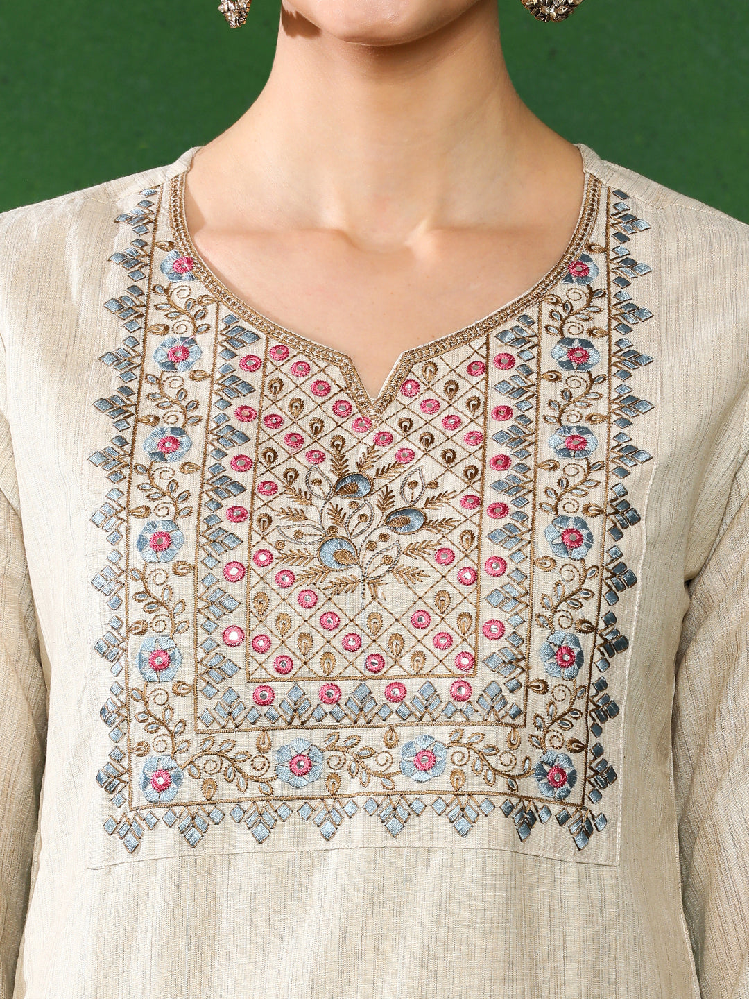 Beige Mirror Work Embroidered Festive Suit Set