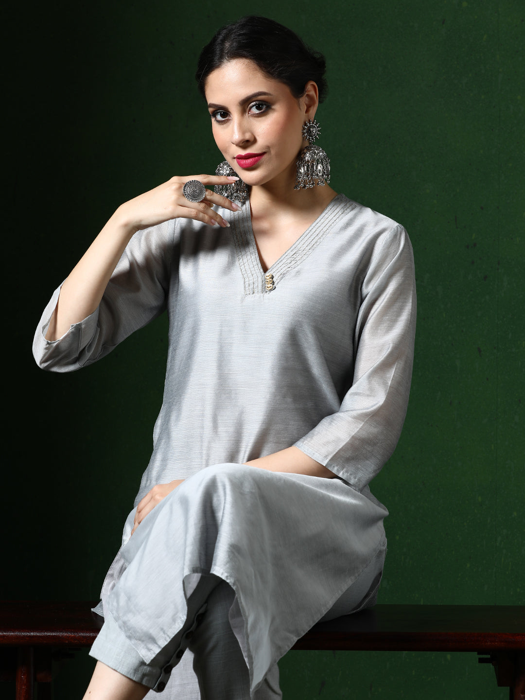 Solid Embroidered Straight Chanderi Silk Kurta