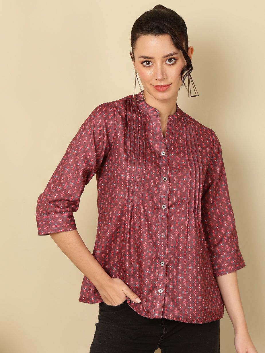 Brown Ethnic Motif Printed Pleated Top
