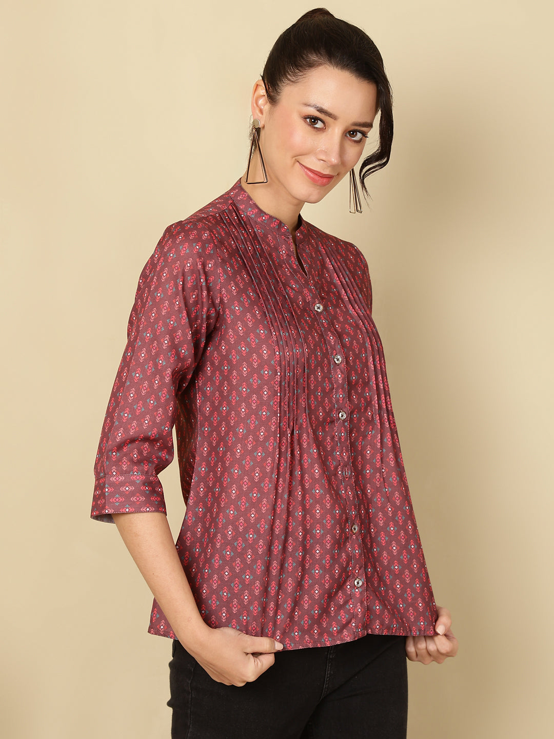 Brown Ethnic Motif Printed Pleated Top
