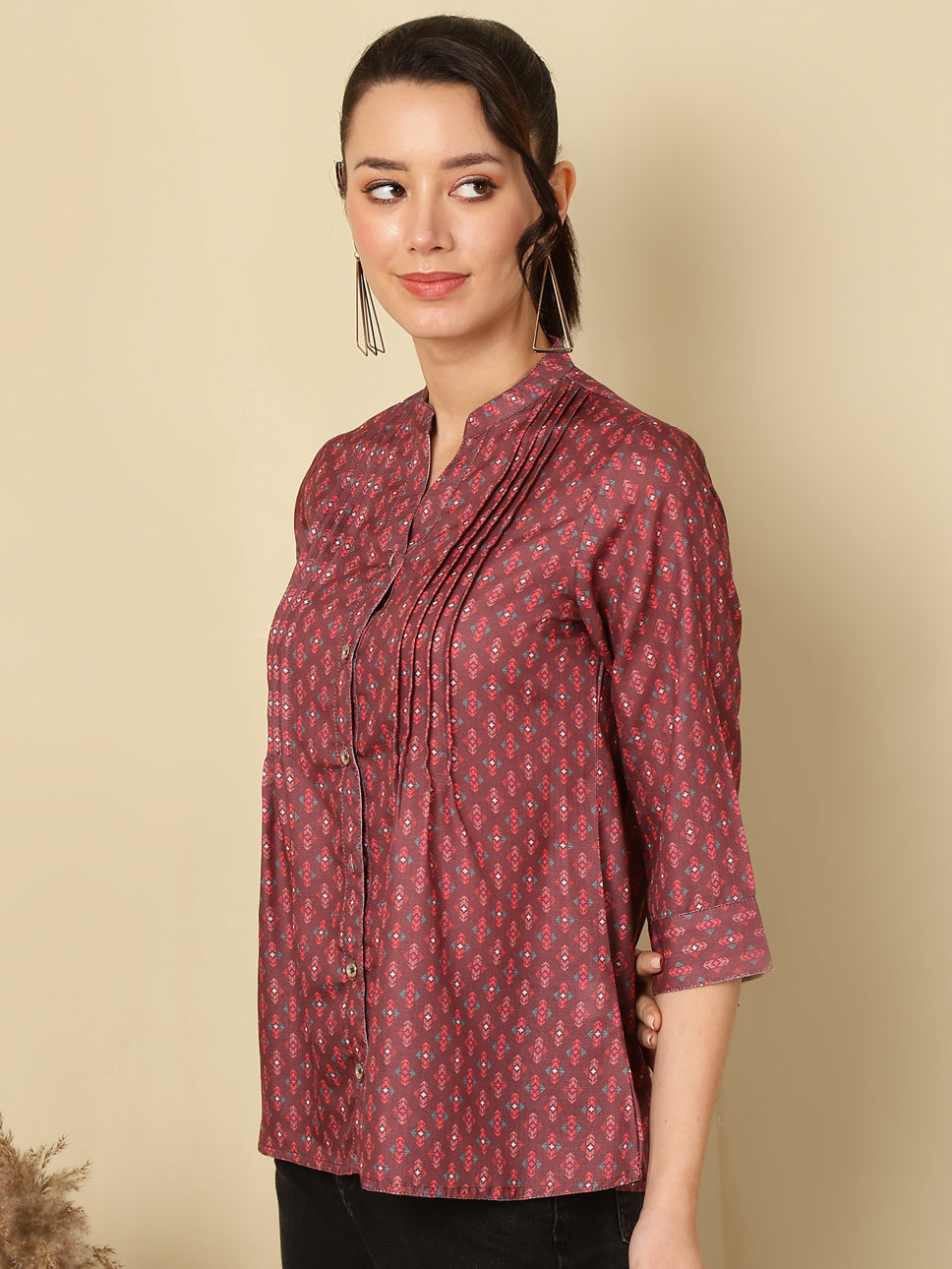 Brown Ethnic Motif Printed Pleated Top