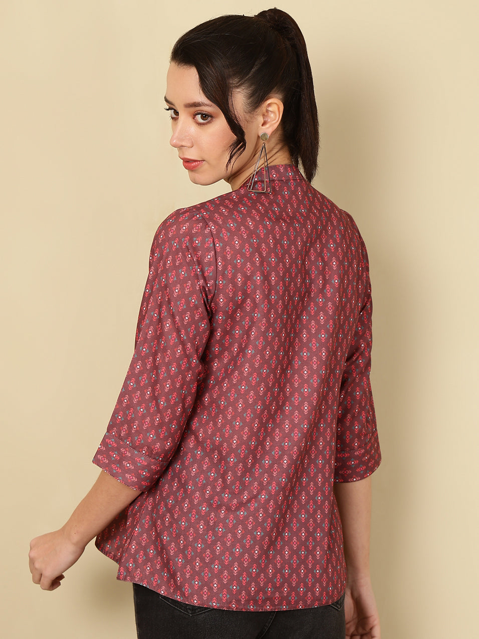 Brown Ethnic Motif Printed Pleated Top