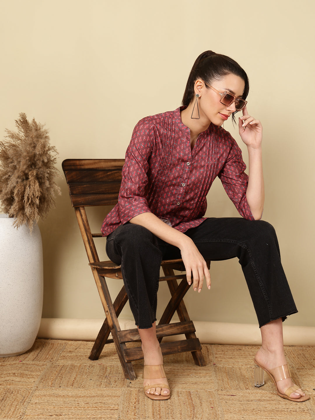 Brown Ethnic Motif Printed Pleated Top