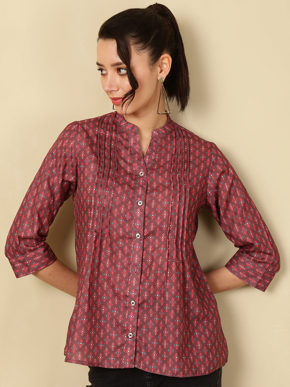 Brown Ethnic Motif Printed Pleated Top