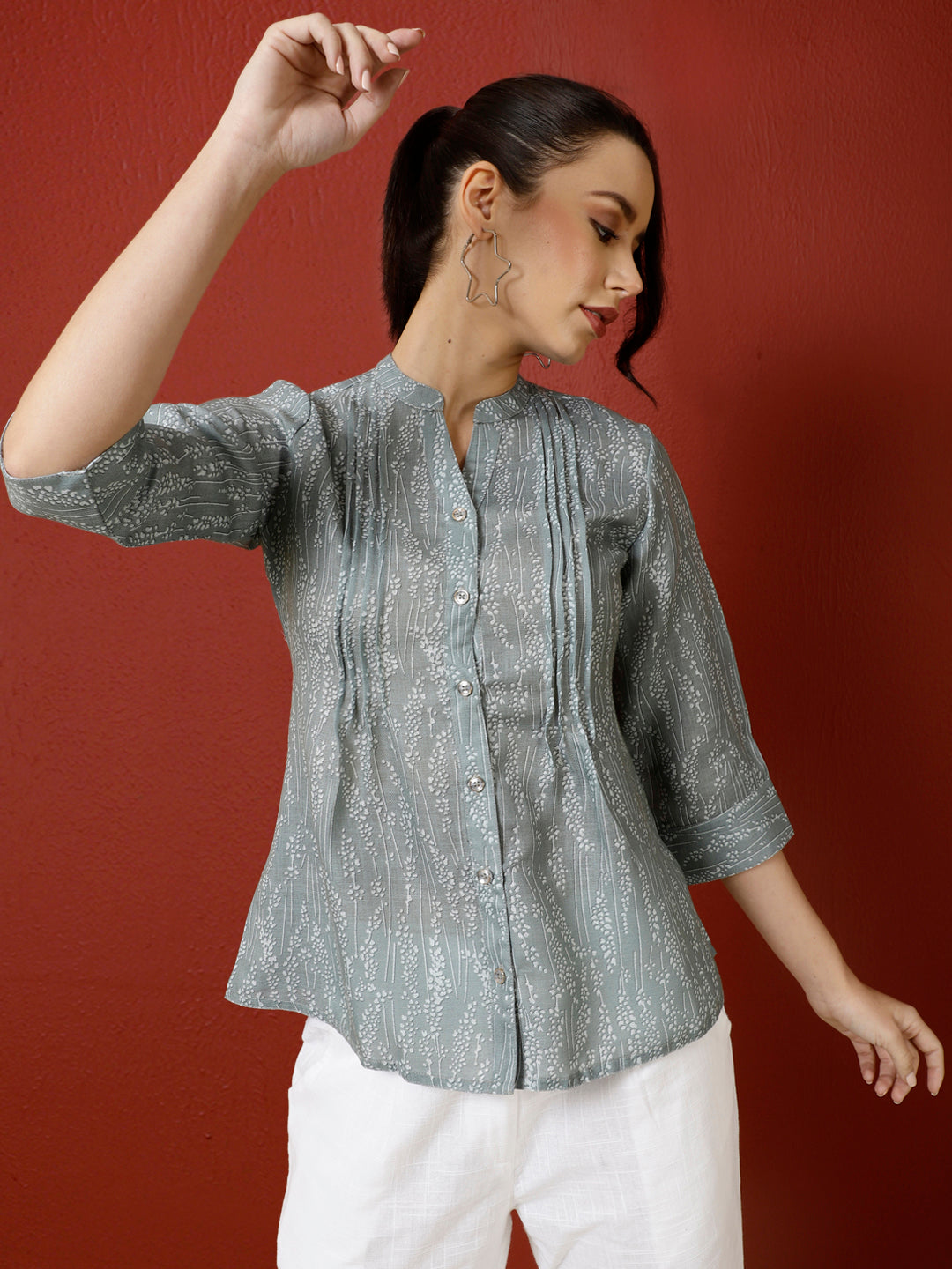 Grey Abstract Printed Pleated Top