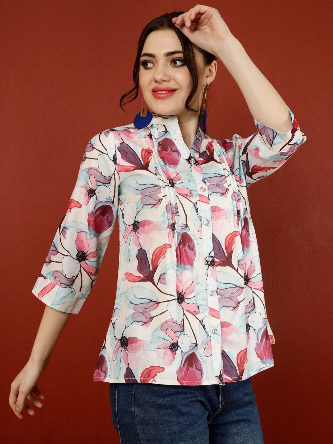 Off-White & Magenta Floral Pleated Top