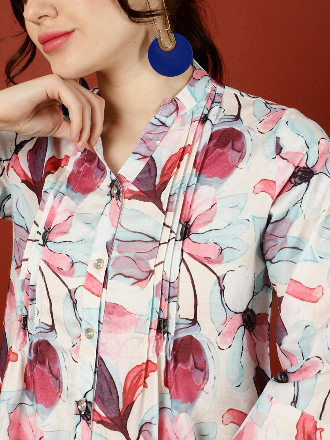 Off-White & Magenta Floral Pleated Top