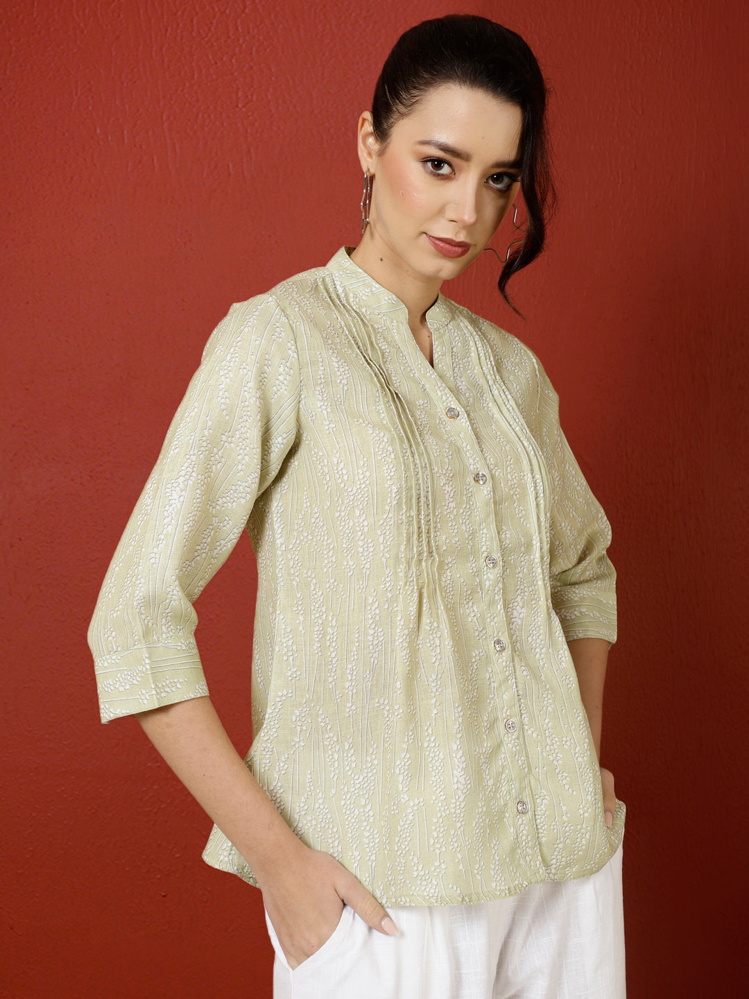 Yellow Abstract Printed Pleated Top