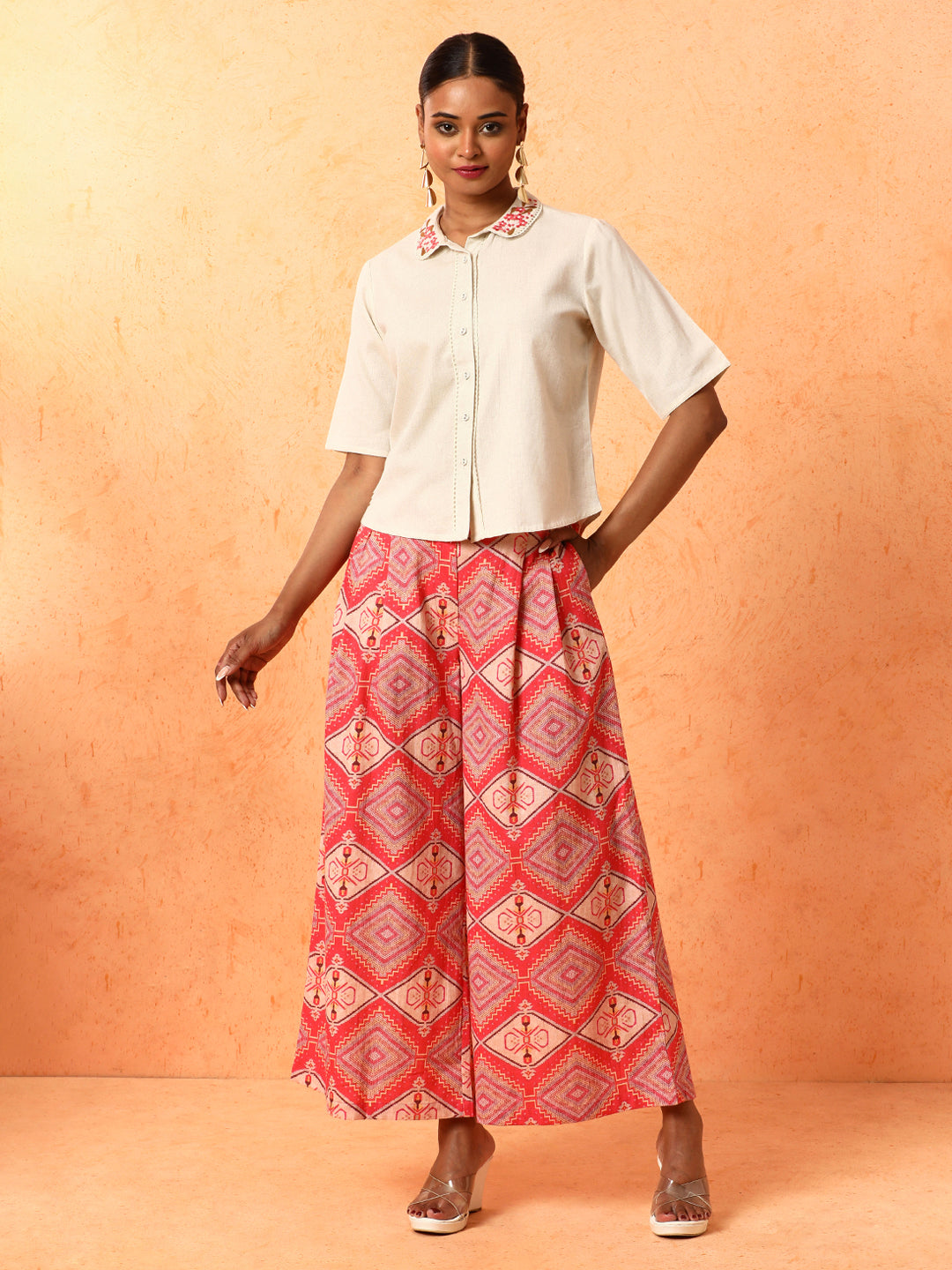 Solid Embroidered A-Line Pure Cotton Top & Palazzos Sets