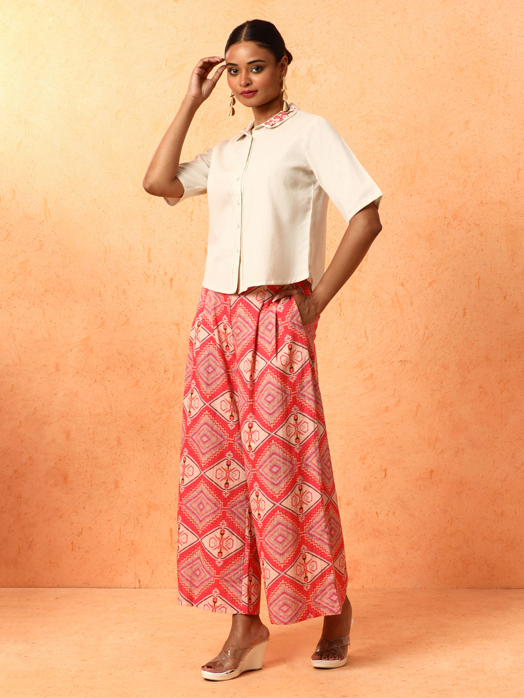 Solid Embroidered A-Line Pure Cotton Top & Palazzos Sets