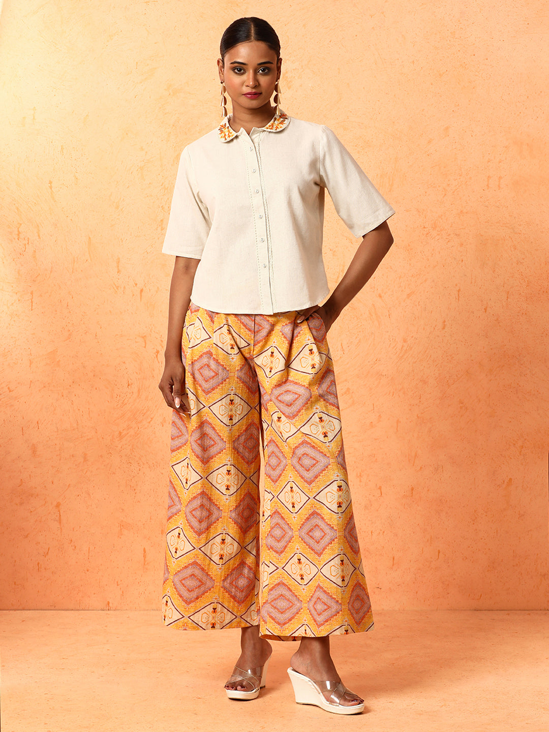 Solid Embroidered A-Line Pure Cotton Top & Palazzos Sets