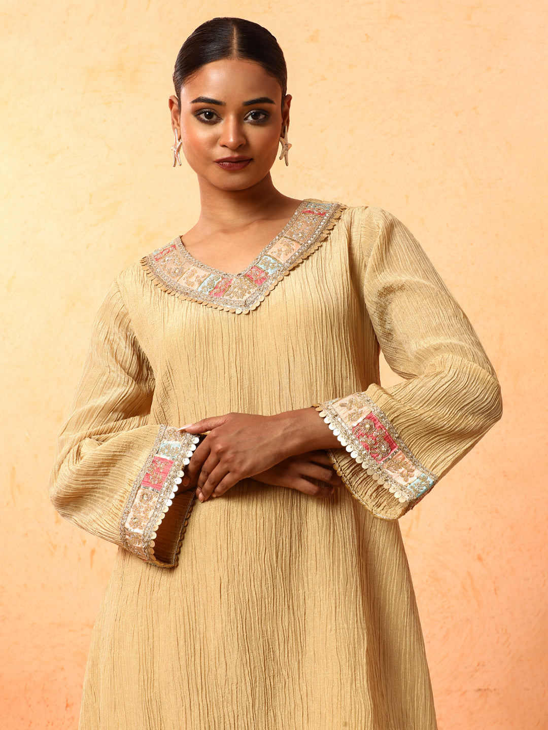 Solid Embroidered A-Line Silk Blend Kurta & Palazzos Sets