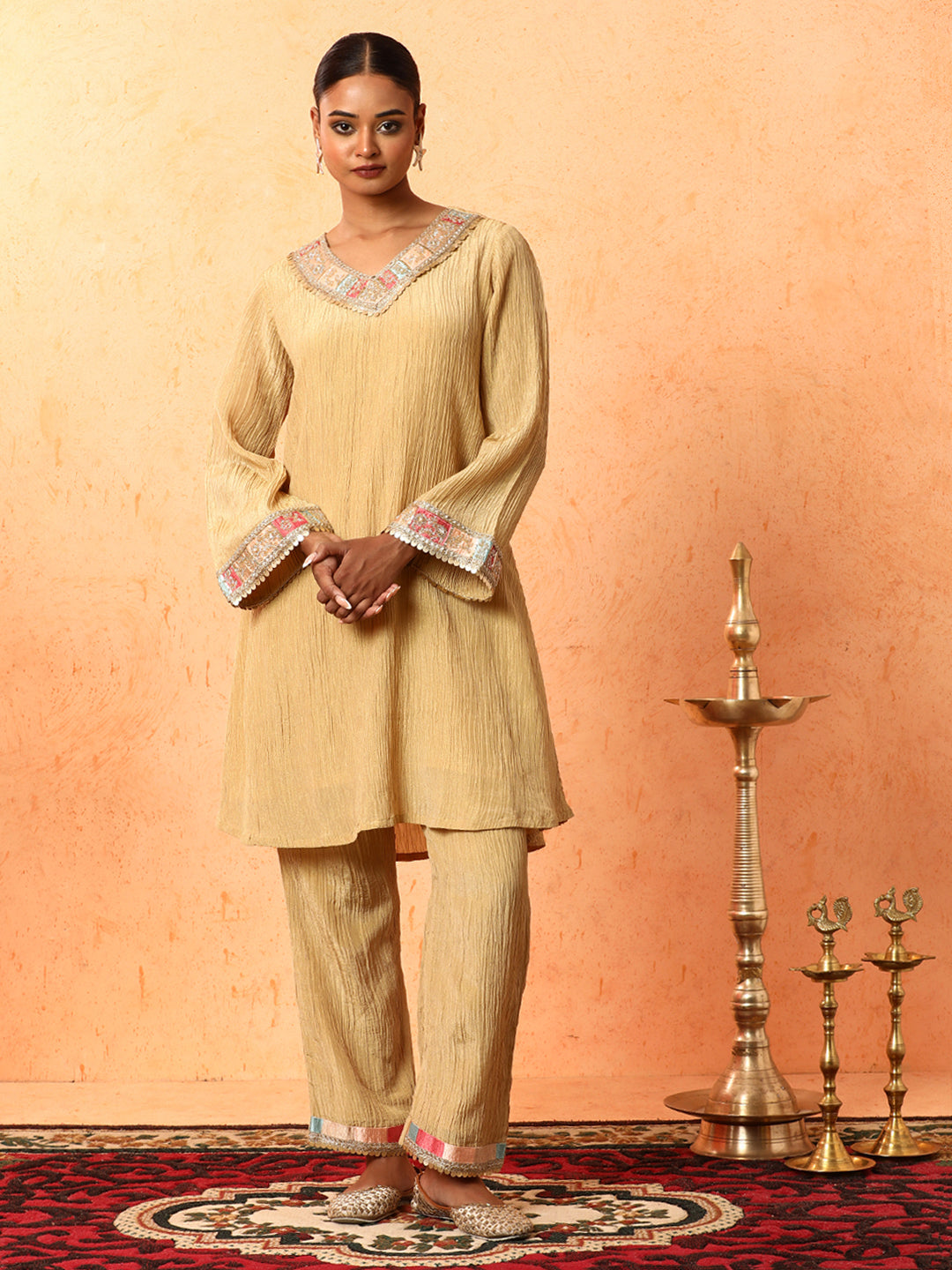 Solid Embroidered A-Line Silk Blend Kurta & Palazzos Sets
