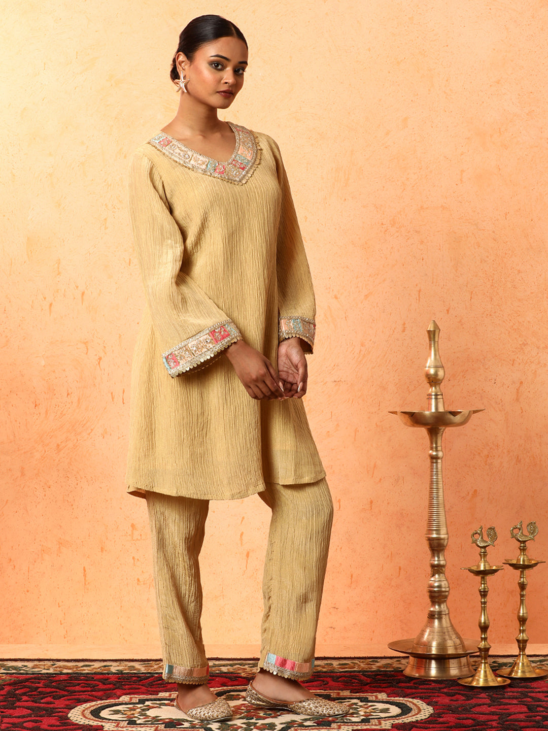 Solid Embroidered A-Line Silk Blend Kurta & Palazzos Sets