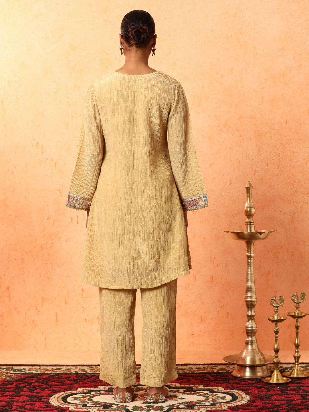 Solid Embroidered A-Line Silk Blend Kurta & Palazzos Sets