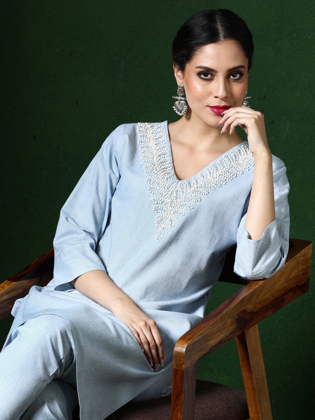 Solid Embroidered A-Line Cotton Blend Kurta & Trousers Sets