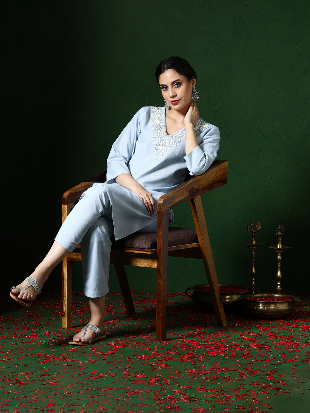 Solid Embroidered A-Line Cotton Blend Kurta & Trousers Sets