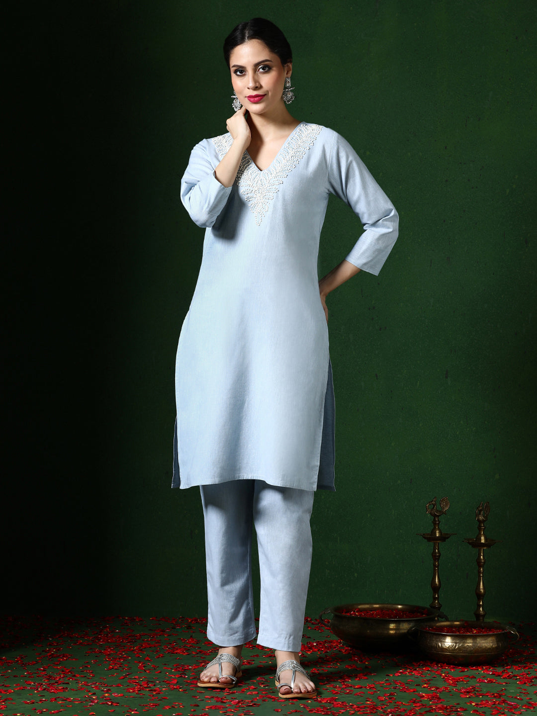 Solid Embroidered A-Line Cotton Blend Kurta & Trousers Sets